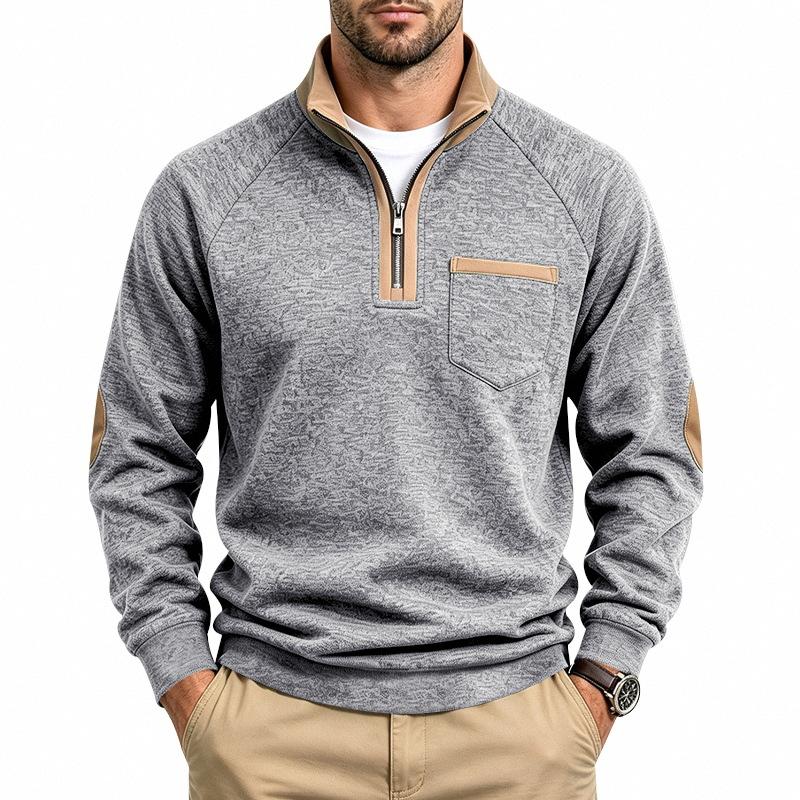 Autumn Winter Men Casual Half Zipper Stand Collar Sweatshirt Chic Patchwork Long Sleeve Loose Pullover Tops