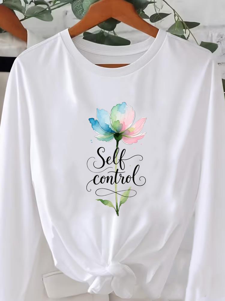 (Азиатский размер) Футболка с длинным рукавом Футболка с круглым вырезом Принт осень зима весна Женский тренд Цветочный тренд Одежда Повседневная Мода Топ Графические футболки