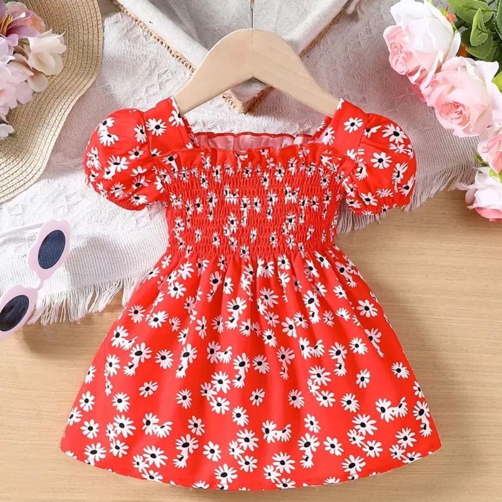 Square Collar Summer Flower Dress Puff Sleeve Toddle Dress Baby Girls Princess Dress Summer