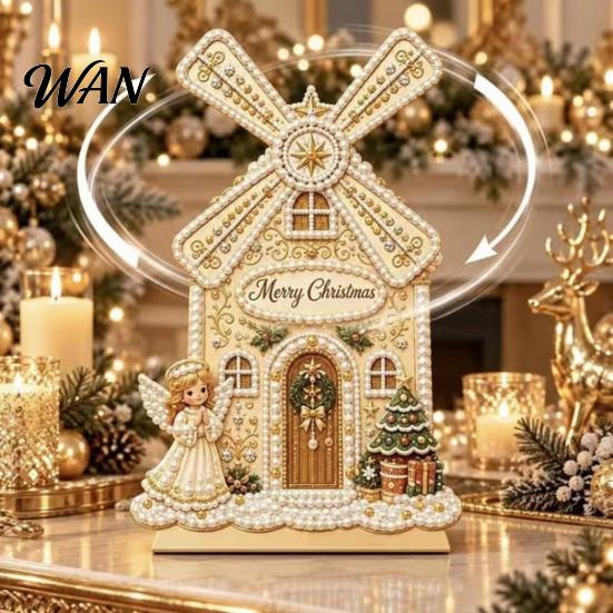 DIY Handmade Festival Gift Diamond Painting Christmas Windmill House Kit, Rotatable Xmas Holiday Desktop Accessories Cabin Ornament, Craft Kit