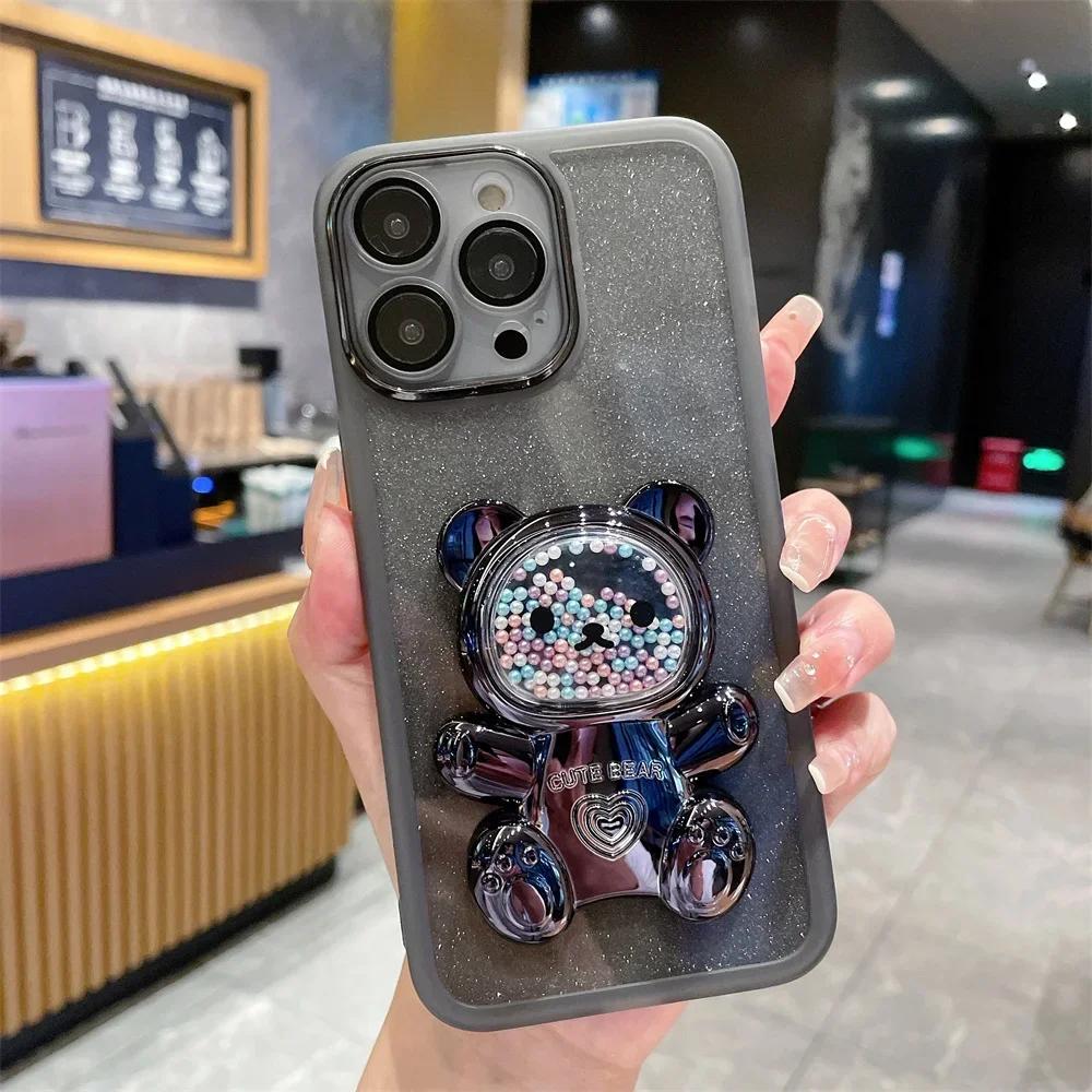Силиконовый чехол с блестками и бусинами в виде медведя для Samsung S24 S23 S22 S21 Ultra Plus FE A53 A14 A54 A15 iPhone 16 15 14 13 12 11 Pro Max Plus XSMAX XR 8 7