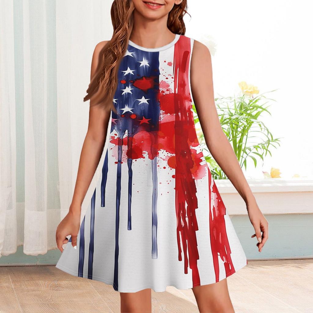 Girl Summer Dress Sleeveless Printed Color Casual Dress