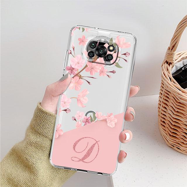 Чехол для Xiaomi Mi Poco X3 NFC 11 Lite M3 10T 9T 12 Redmi Note 10 9 9S 8 8T 7 Мягкий прозрачный чехол для телефона Цветок Буква Розовый A B C