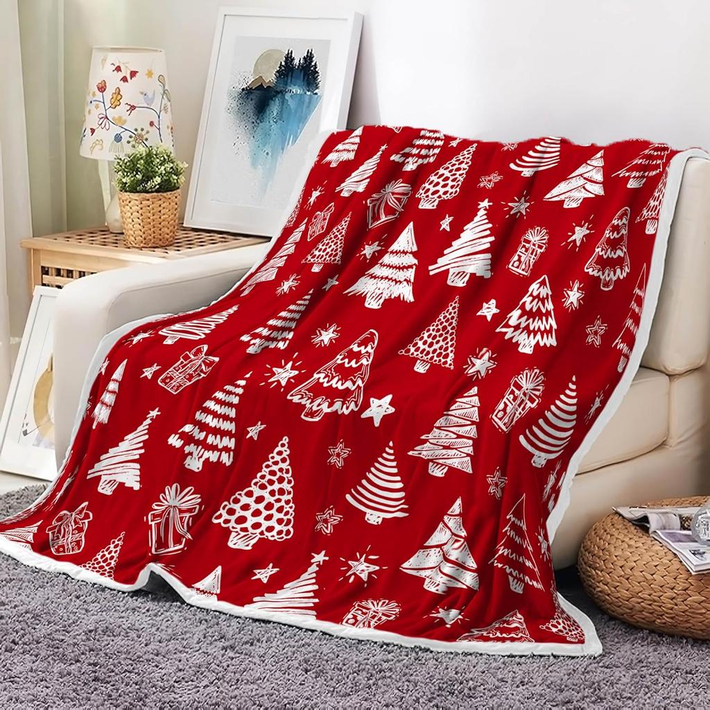 Christmas Red White Throw Blanket Soft Flannel with Snowflakes Stars Tree Decorative for Home Sofa New Year