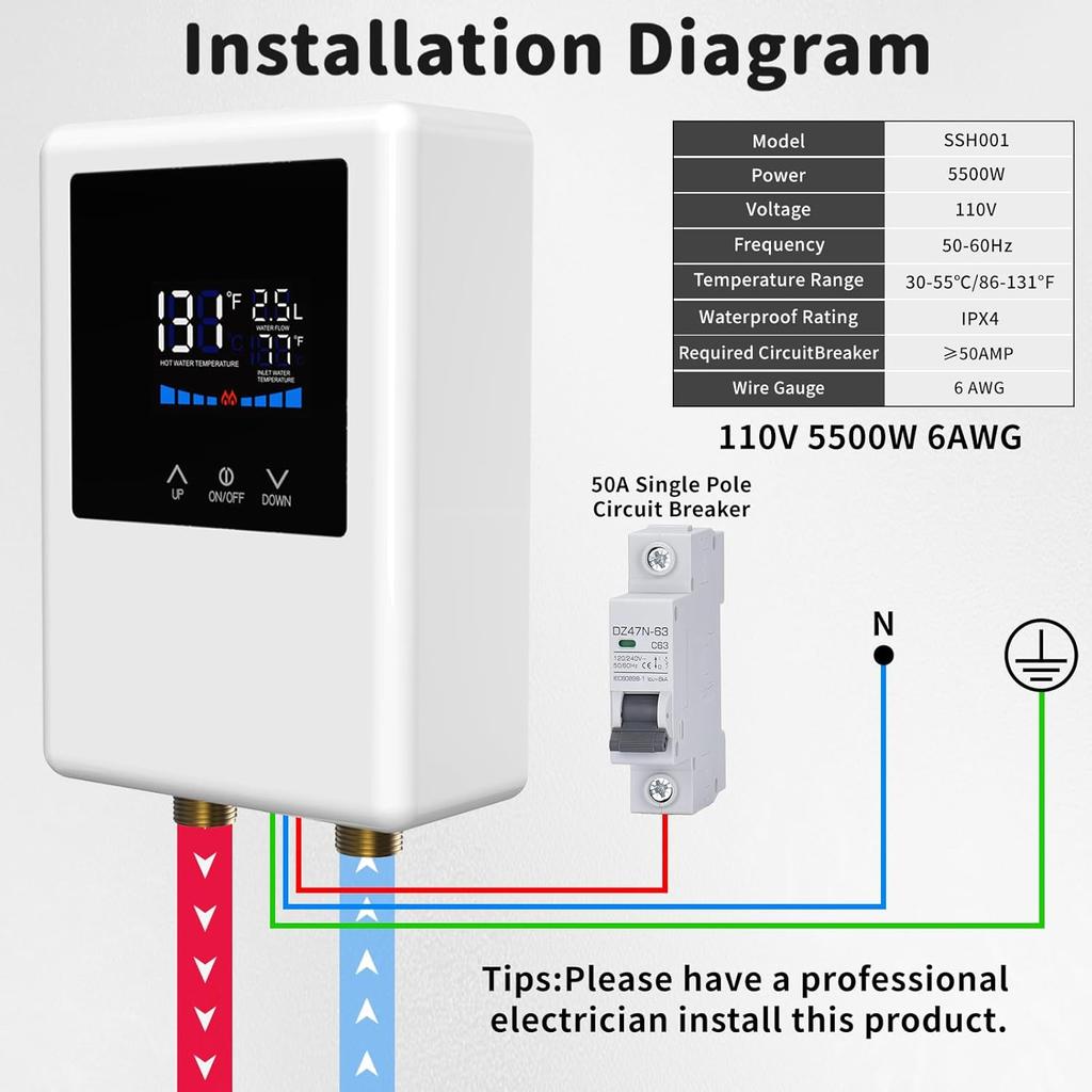 Проточный водонагреватель электрический 110В, 5500Вт мгновенный нагрев воды с пультом дистанционного управления и ЖК-сенсорным экраном, саморегулирующийся, защита от перегрева