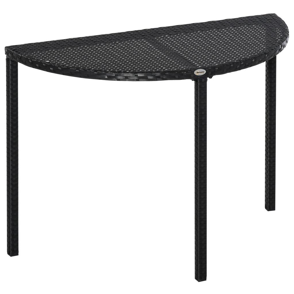 Balcony Table, Garden Side Table, Garden Furniture, Semicircular, Polyrattan, Metal, Black, 100 x 50 x 74 cm