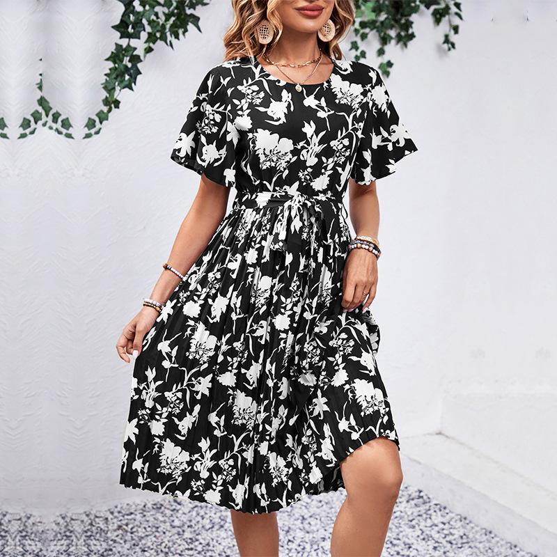 Summer Women's Dress Floral Pattern Printed Short Sleeve Dresses