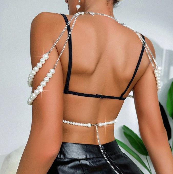XH26918 Женская сексуальная майка-халтер с многослойной нагрудной цепочкой из искусственного жемчуга
