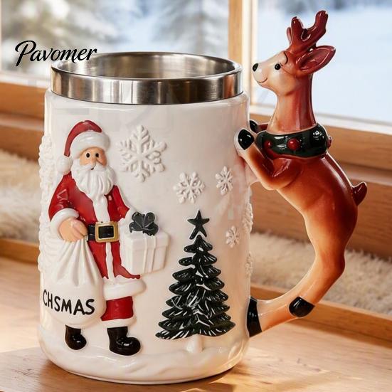 Winter Seasonal Drinkware Christmas Santa Claus Coffee Mug with Reindeer Handle, 300ml 3D Stainless Steel Liner Embossed Resin Holiday Cup for