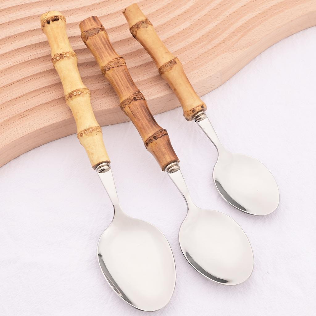 1 шт., столовые приборы из древесины бамбука с ручкой, столовые приборы из нержавеющей стали 304, сервировочная вилка, ложка для салата, вилка для торта, ложка, кофейная ложка, посуда