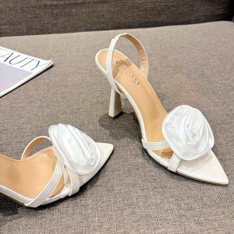 Летняя мода шелковые розы цветы сзади ремешок каблук босоножки женские острый носок красные высокие каблуки свадебные туфли выпускной Zapatos Mujer