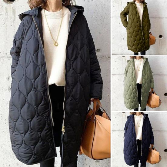 Fall Winter Women Jacket Hooded Zip-up Rhombus Texture Thin Padded Long Sleeves Mid Length Loose Work School Daily Coat