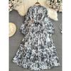 Long Sleeves Stand Collar A- Line Elegance Wide Hem Printed Dress