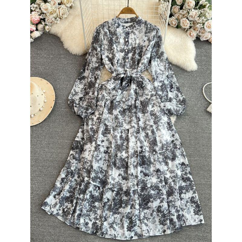 Long Sleeves Stand Collar A- Line Elegance Wide Hem Printed Dress