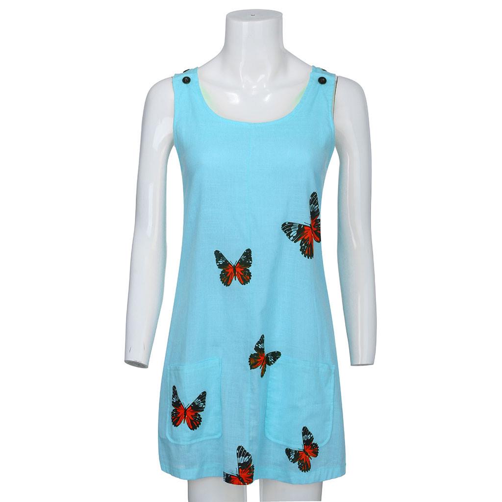 Sleeveless Butterfly Clasp Shoulder Women Print Cotton And Linen Dress