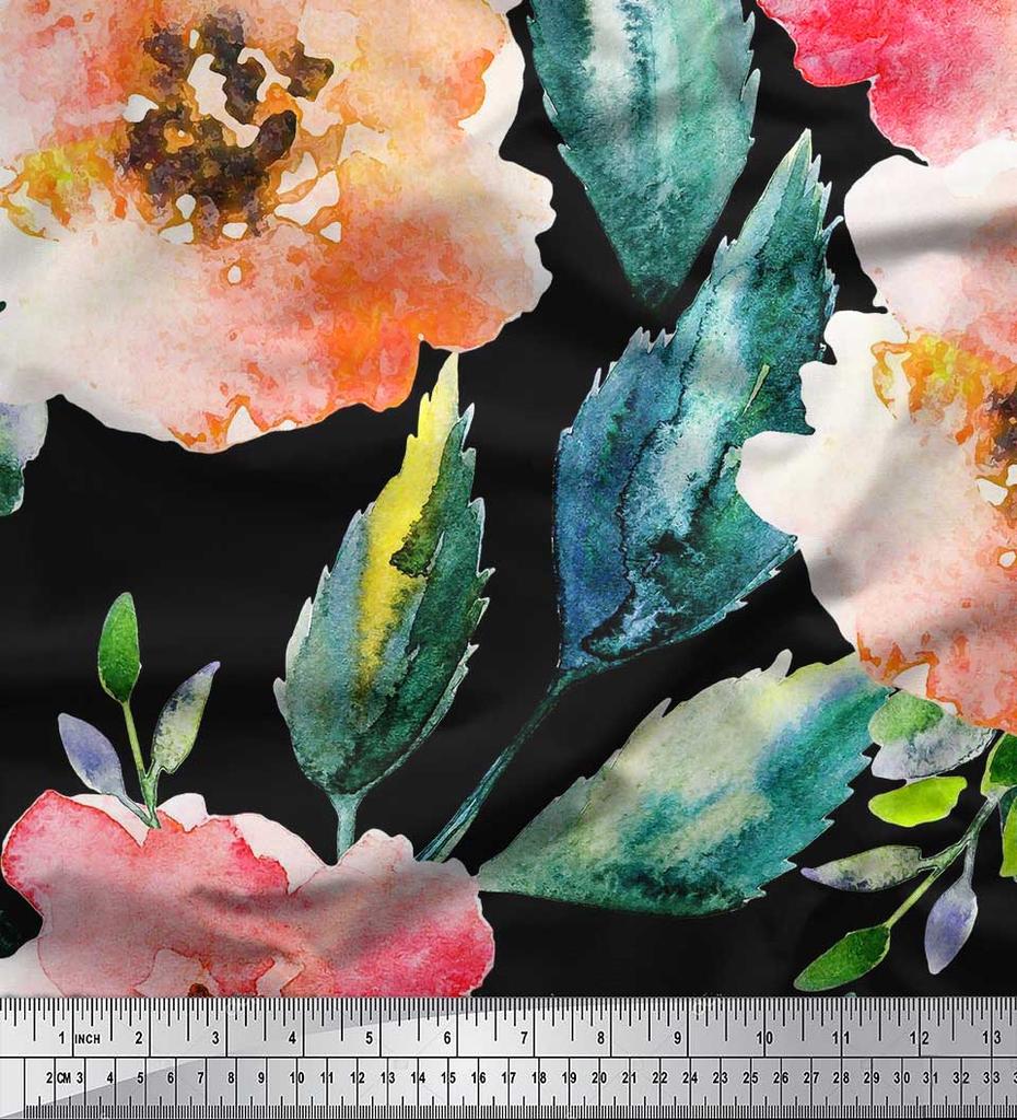 Soimoi Японский креп-атласная ткань с цветами и листьями, акварельный принт, швейная ткань, метр 42 дюйма