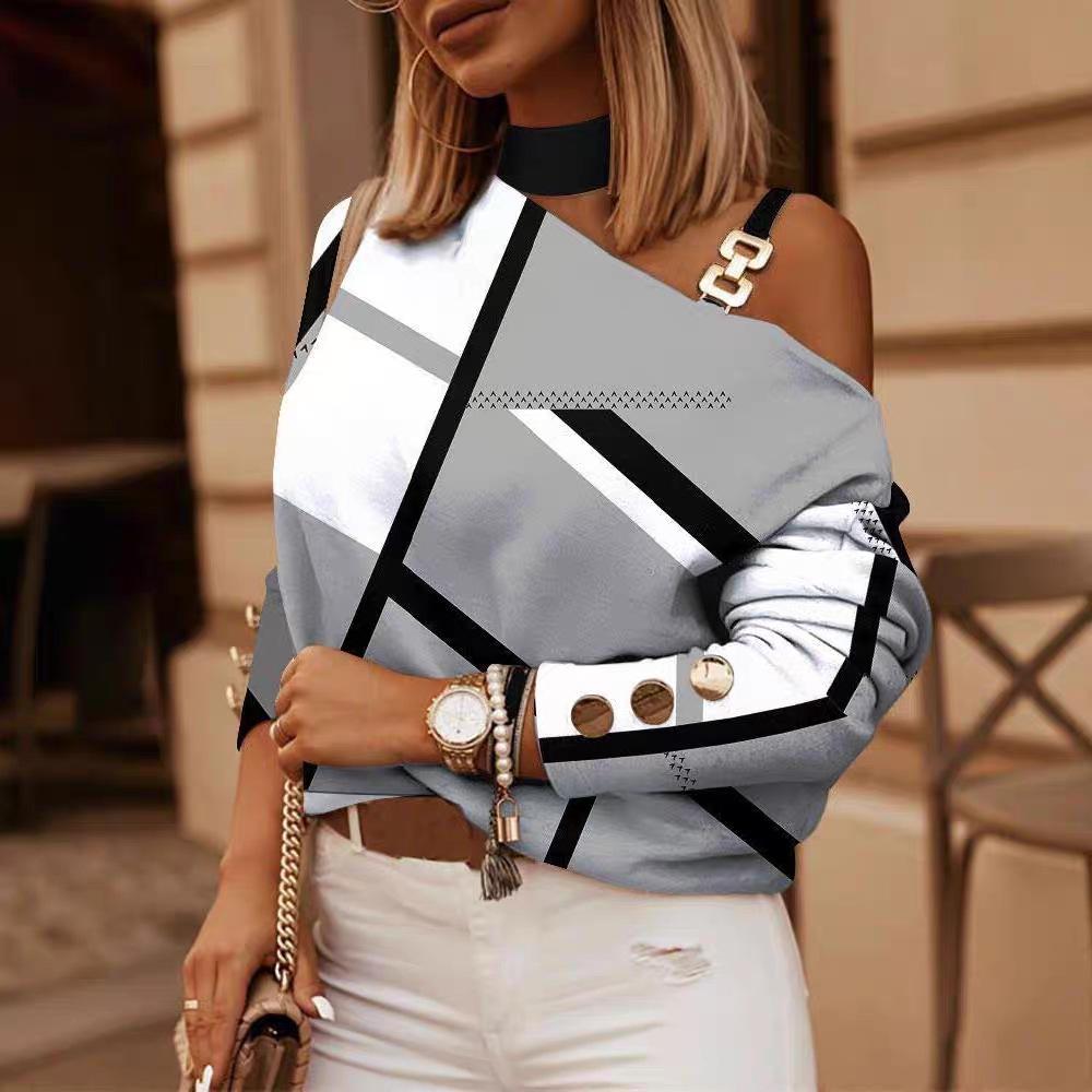 2023 Autumn/Winter Long Sleeve Chain Halter Print Button-Decorated Top for Women