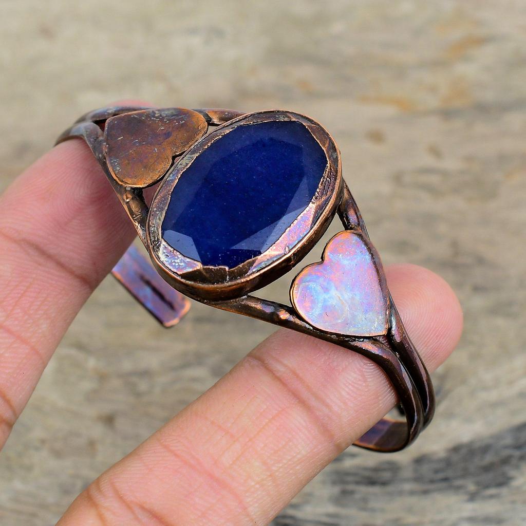 Граненый браслет-манжета из синего сапфира, браслет-манжета с драгоценным камнем, гальванопластический медный браслет, ручная работа, регулируемый браслет, медные украшения, подарки на годовщину