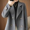 Women Double Breasted Woolen Loose Jacket Short Coat Lapel Solid Color Long Sleeve Thermal Commuting Dating