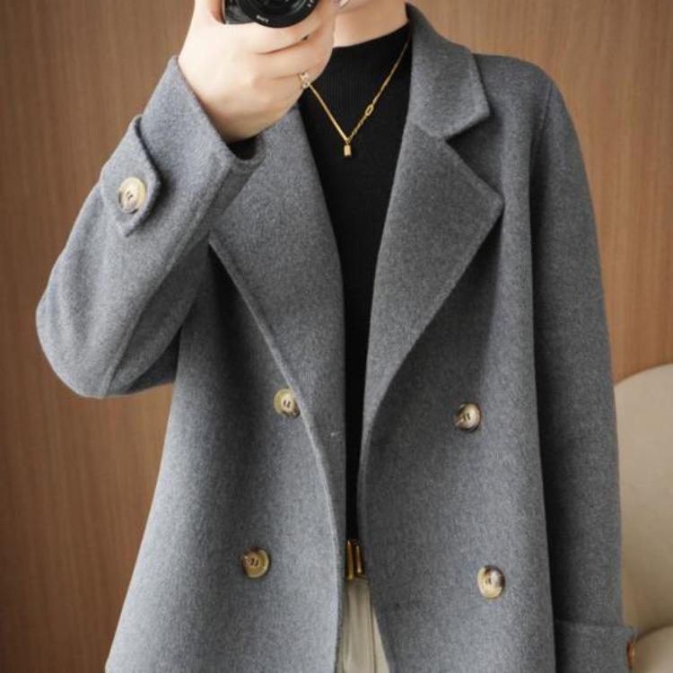 Women Double Breasted Woolen Loose Jacket Short Coat Lapel Solid Color Long Sleeve Thermal Commuting Dating