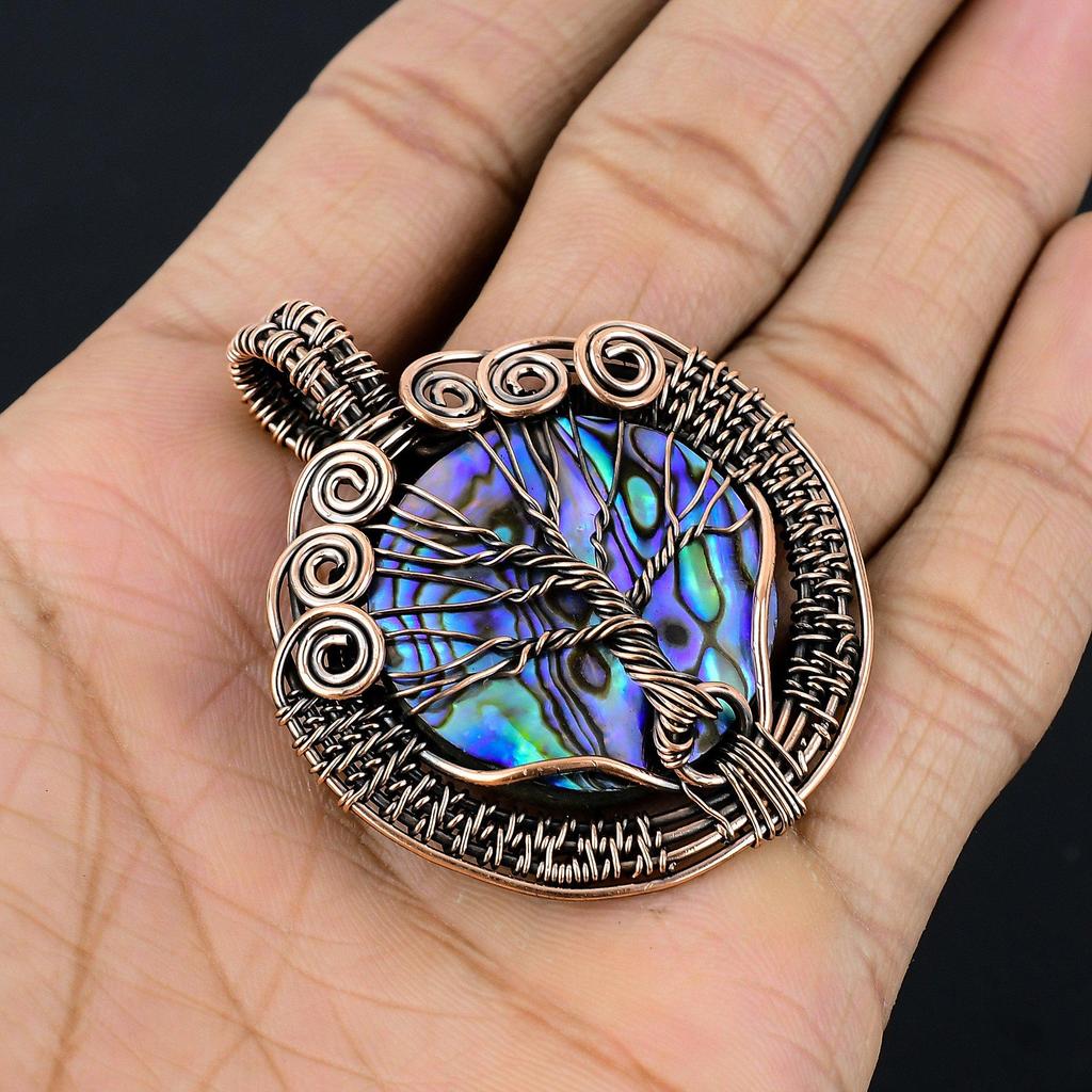 Tree Of Life Abalone Shell 999 Copper Wire Wrapped Pendant, Handmade Gemstone Pendant Jewelry, Gifts For Wife Brand New Pendant