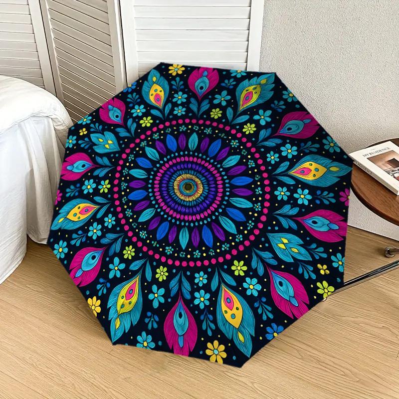 1pc Colorful Floral Mandala Pattern Umbrella with Plastic Handle,Suitable for All Seasons Home Travel Outdoor UmbrellaDD1328