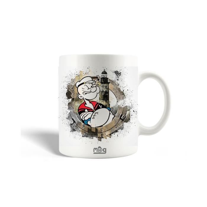 Mug en Céramique - Popeye - 30cl - Blanc - Compatible Lave-Vaisselle - Hauteur 9,5 cm