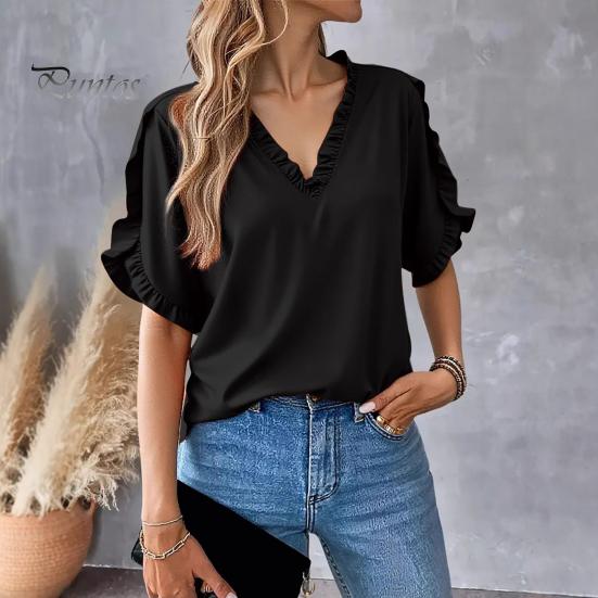 Женская рубашка с V-образным вырезом, оборками, рукавами-лепестками, однотонные топы свободного кроя, повседневная офисная дорожная рубашка