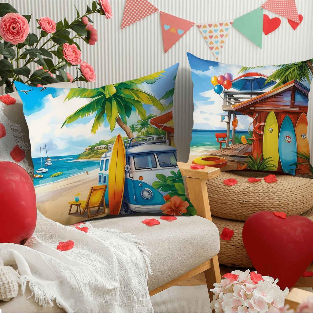 Tropical Palm Tree Beach Pattern Printing Pillow Cover Short Plush Suitable Living Rooms Bedrooms Sofas Throw Cushion Cover