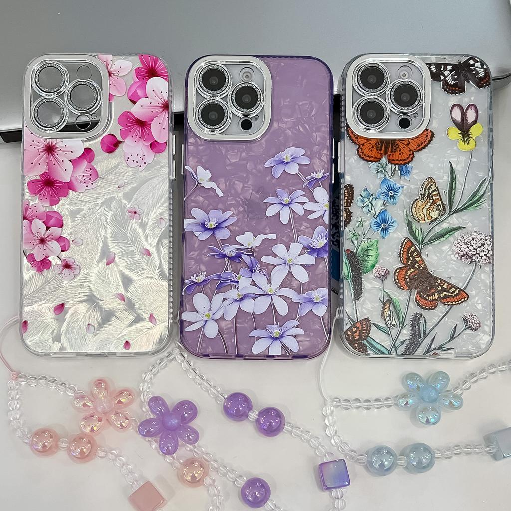 For Apple 16E Flower Phone Case for IPhone 15 Promax with Bracelet Sparkling Pink Lens Film Hard Case