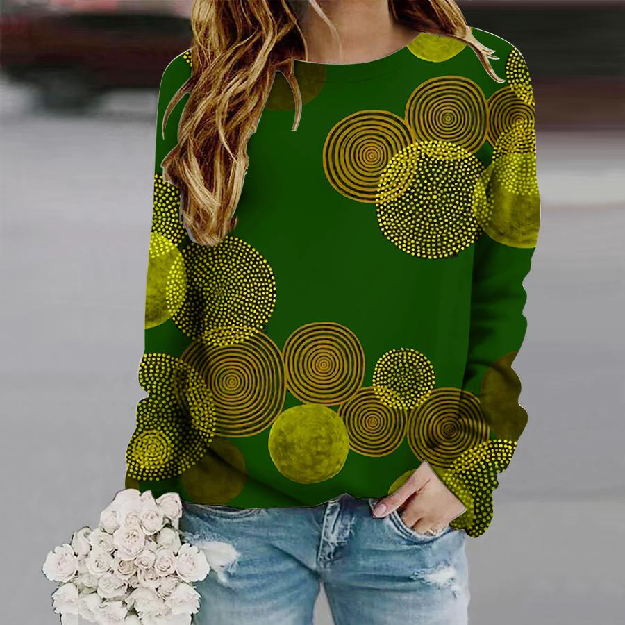 Tops For Women Geometric Circle Print Round Neck Long Sleeve T-shirt Fall Casual Slim Pullover Women's Long Sleeve Top