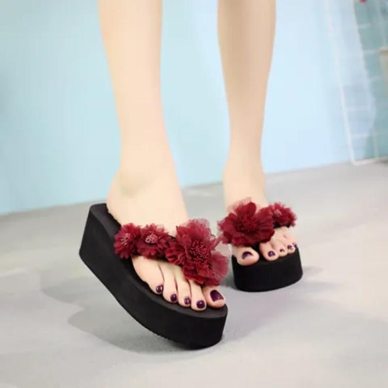 Flower Slope Heel Flip-flops Thick Soled High Heeled Slippers Women Beach Anti-skid Slippers Fashion Lightweight Comfortable Simple Casual