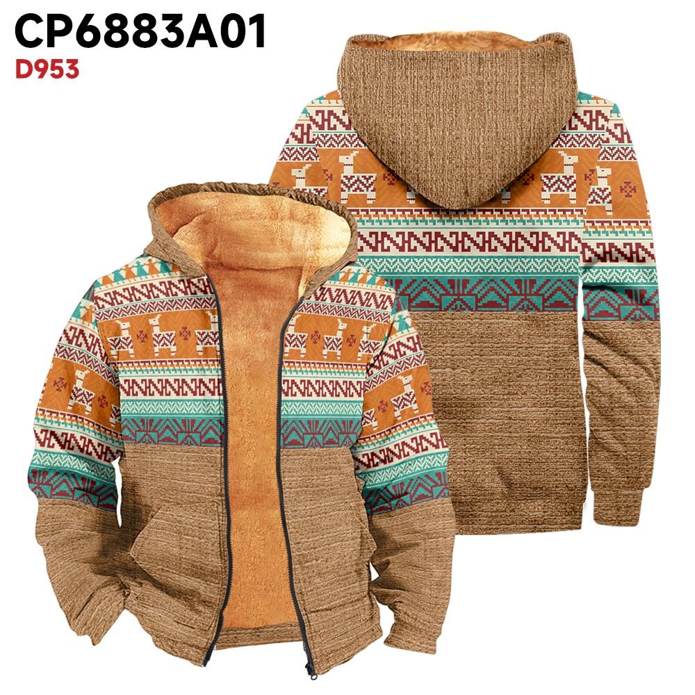 Men's Print Long Sleeve Pocket Coat Fashion Plus Velvet Overcoat