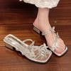 Fashion 2025 Fashion Silver Crystal Sandals Women Rhinestone Butterfly Thick Heel Sandles Woman Summer Med Heeled Party Shoes Female