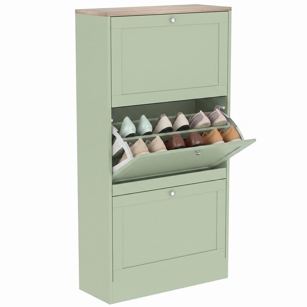 Shoe Cabinet, 3 Drop-Down Doors, 18 Pairs, 60x23.5x115cm, Green