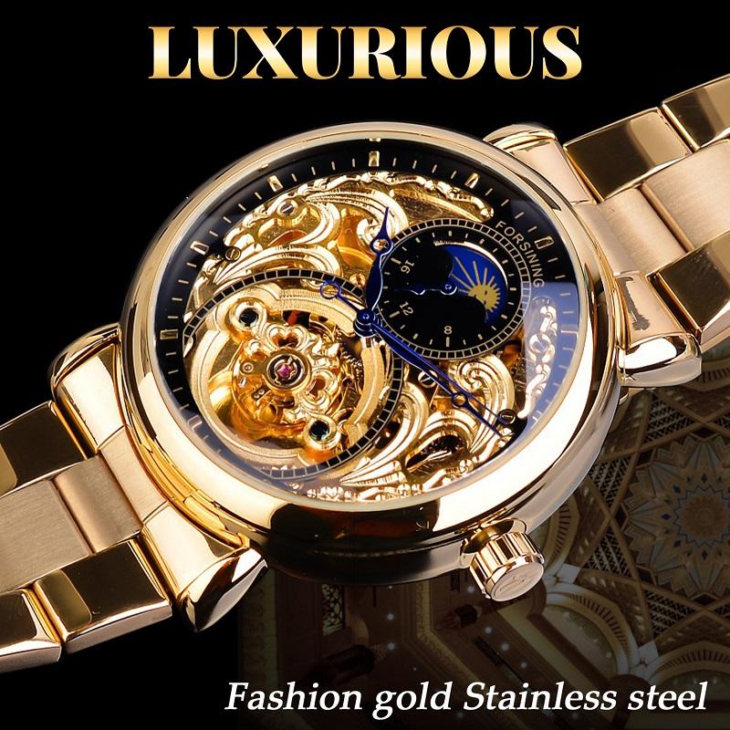 Forsining Мужская мода, отдых, полая луна и механические часы с полой поверхностью