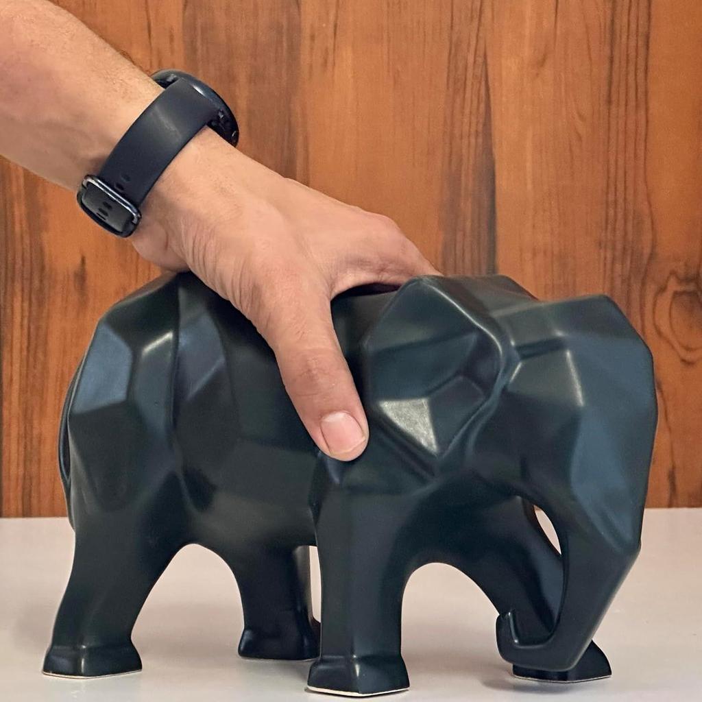 Latest Geometric Elephant Ceramic Home Decor Figurine with Diamond Cut Detail (Elephant Black)