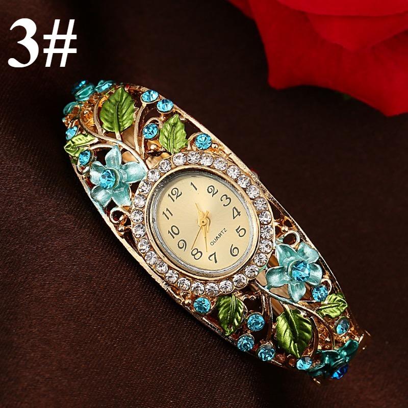 1шт браслет часы многоцветный кристалл цветочный узор браслет часы, деревенский аромат инкрустированный бриллиантами женский браслет