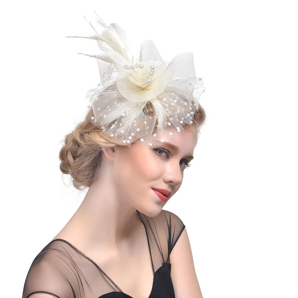 (male wardrobe)Women Flower Mesh Ribbons Feathers Headband Cocktail Tea Party Hat Headwear
