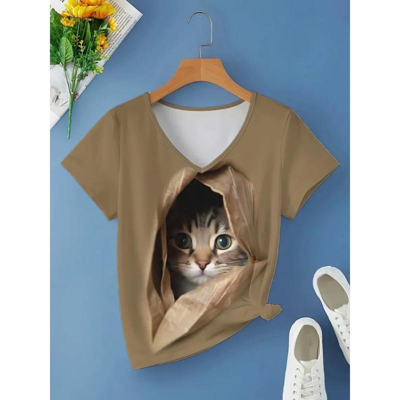 Женская футболка с V-образным вырезом, напечатанная на 3D-принтере, с рисунком котенка, универсальная, летняя, свежая, женская версия, дышащая, машинная стирка, топ для улицы