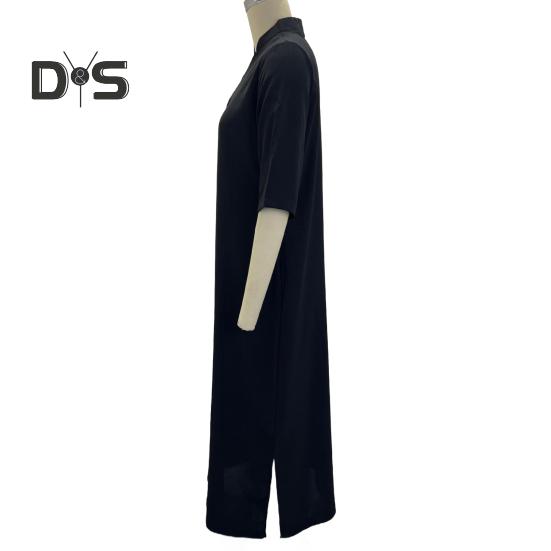 Summer Dress Three-quarter Sleeves Side Slit Loose V Neck Midi Dress with Pockets Solid Color Pleated Pullover Calf Length Casual Dress