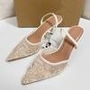 Women Embroidered Mesh Heels Elegant White Beading French High Heeled Shoes Ladies Sexy Lace Evening Party Mules Pumps New