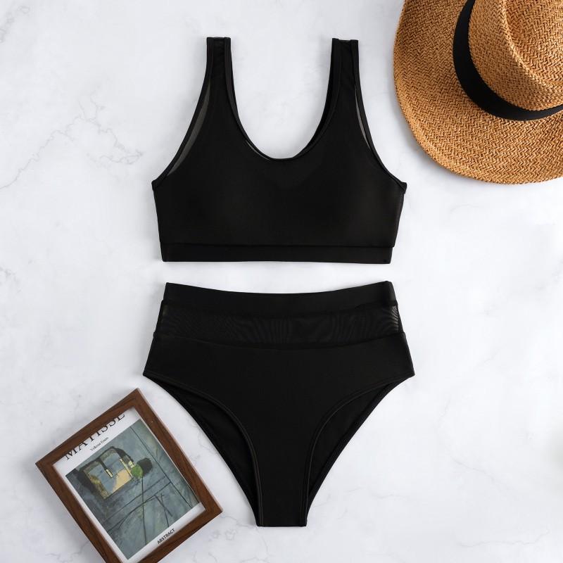 Sexy Fashionable Mesh Stitching Solid Color Vest Women's Split Swimsuit BIKINI
