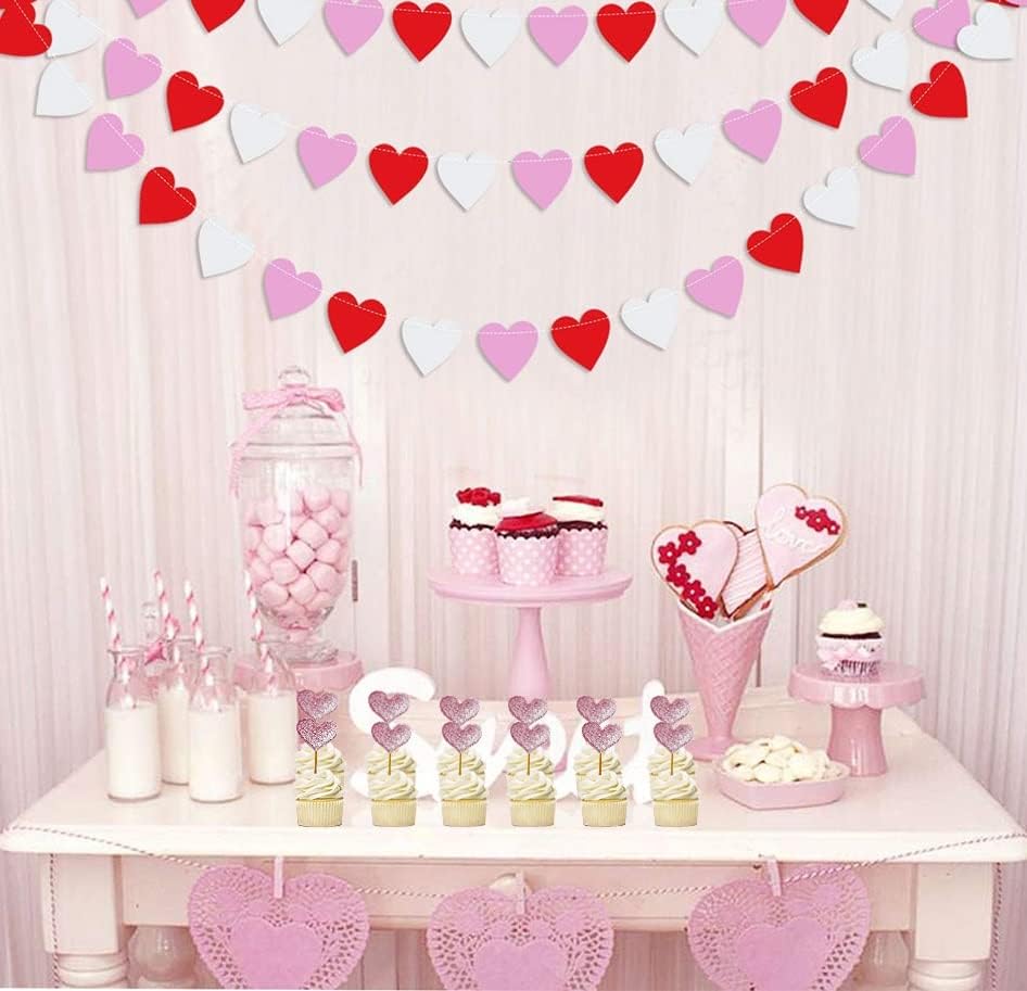 100pcs Glitter Pink Heart Cake Toppers Heart Cupcake Toppers Valentine's Day for Sweet Love Theme Wedding