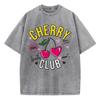 Street Woman Washed T-Shirts Cherry Club Cute Cartoons Print Tees Comfortable Distressed Cotton Oversize Tops