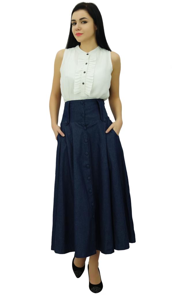 Bimba Mid-Calf High Waist Denim Skirt Long Flared A Line Retro Boho Skirts