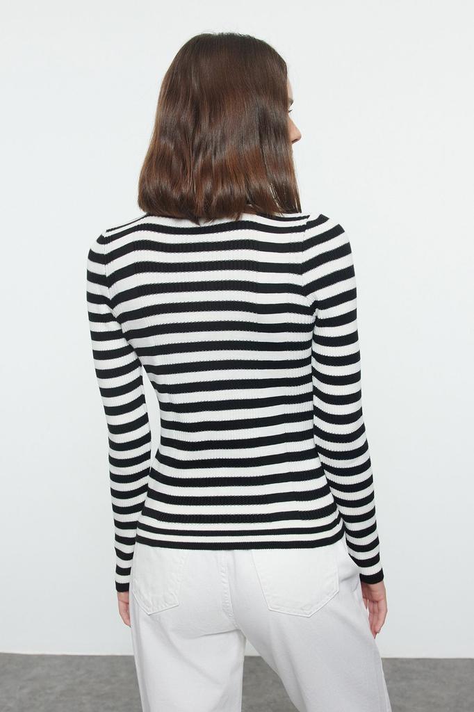 Женский модный стильный свитер, черный свитер с воротником поло, базовый полосатый трикотаж, свитер