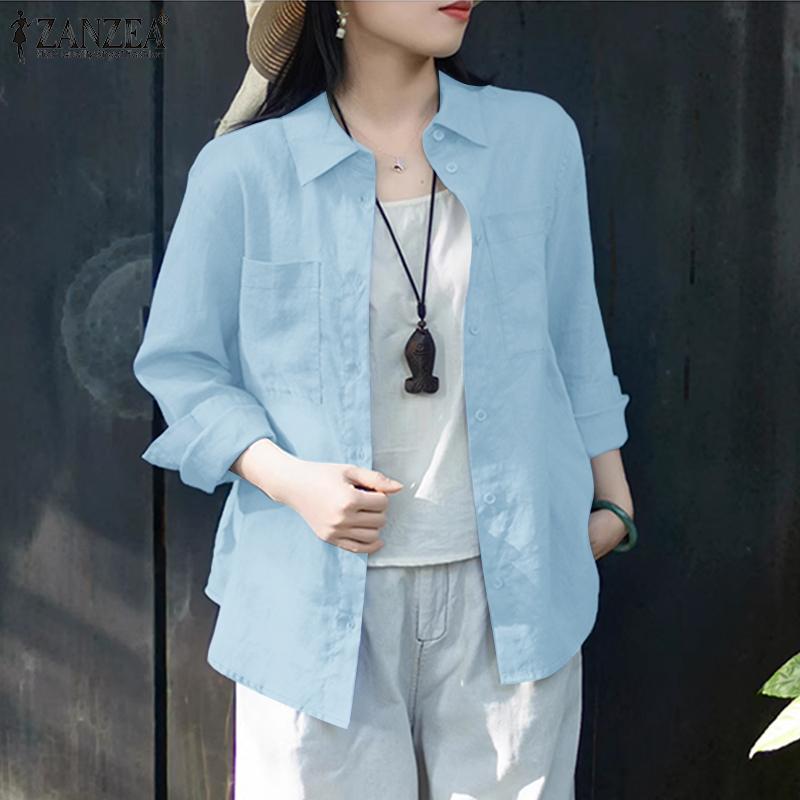 ZANZEA Women Casual Turn Down Collar Solid Color Long Sleeve Button Blouse
