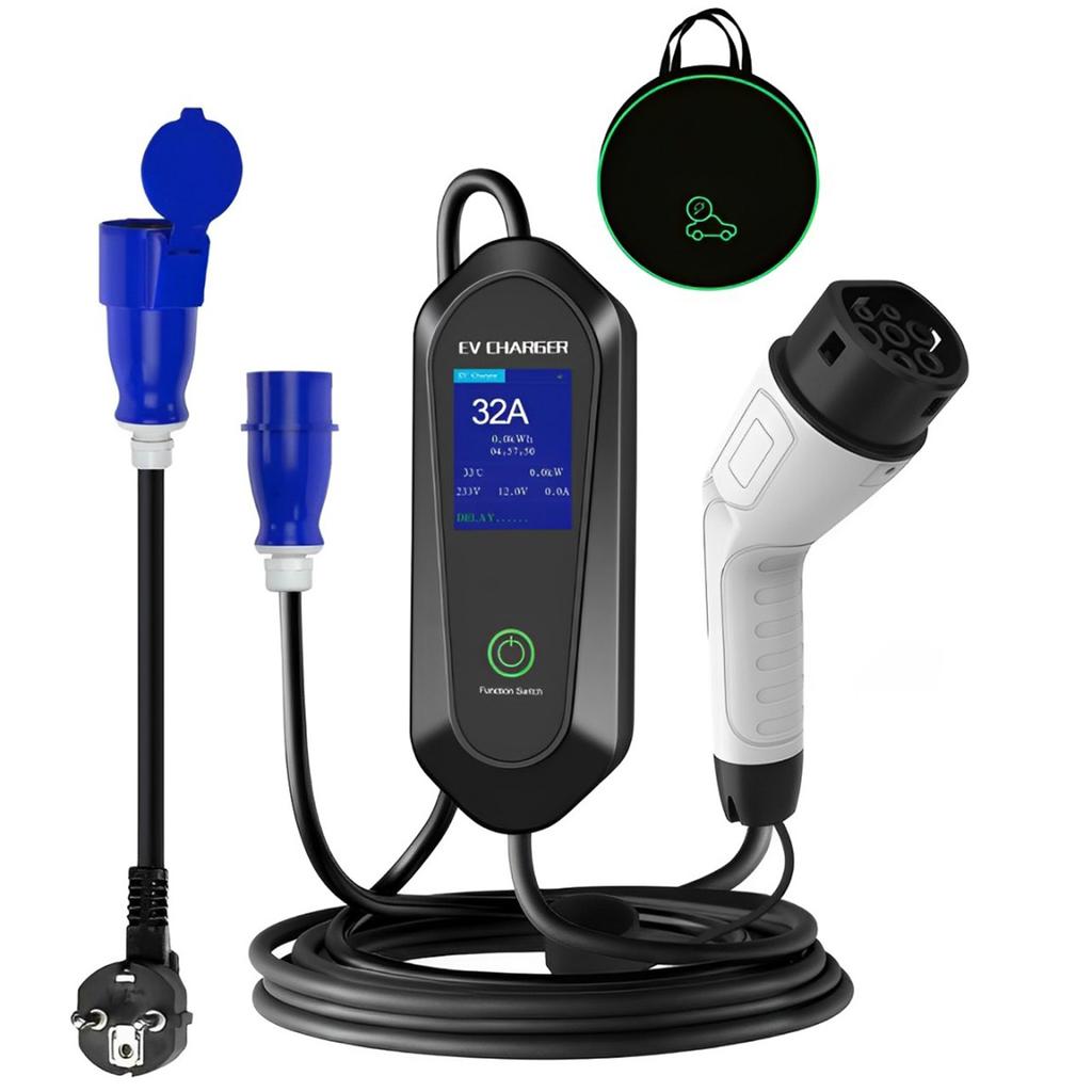 Metal 32A 7KW 5M Single-Phase 3PIN Type 2 Charging Cable CEE With LCD Display EV Charger Portable