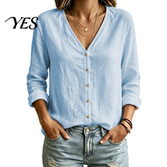 Daily Wear Blouse Women V-Neck Long Sleeves Shirt, Solid Color Button Front Cotton Breathable Linen Blouse, Loose Fit Casual Top for Early Autumn